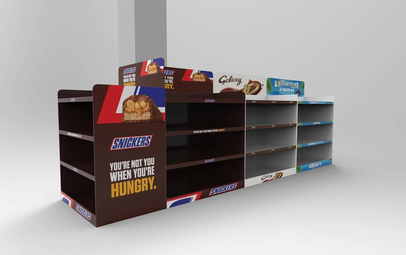 3D render: Snickers & Galaxy confectionery gondola