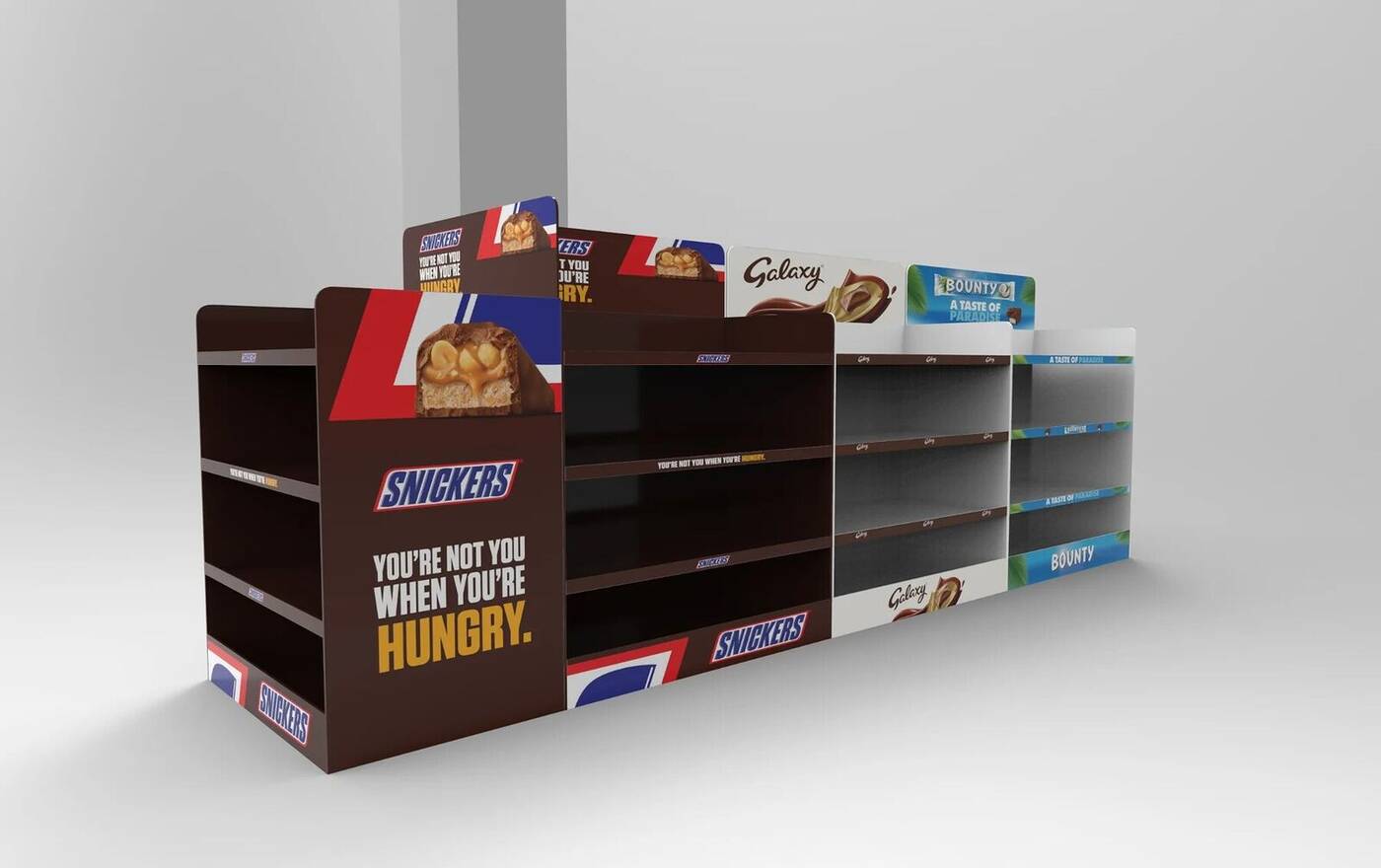 3D render: Snickers & Galaxy confectionery gondola, view 2 of 2