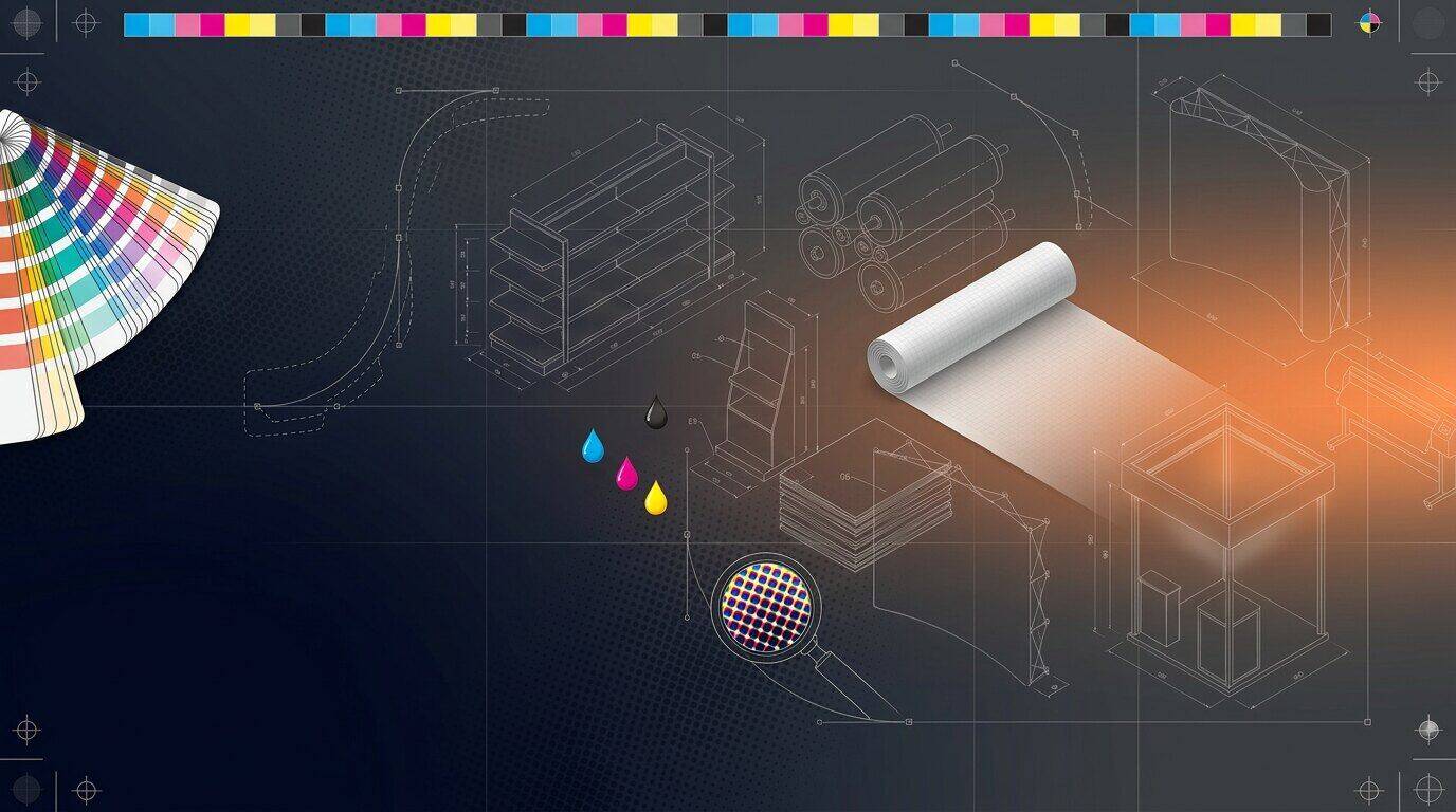 Print-production artwork: CMYK colour bar, registration marks, Pantone fan, halftone loupe, print roll, press rollers and display wireframes