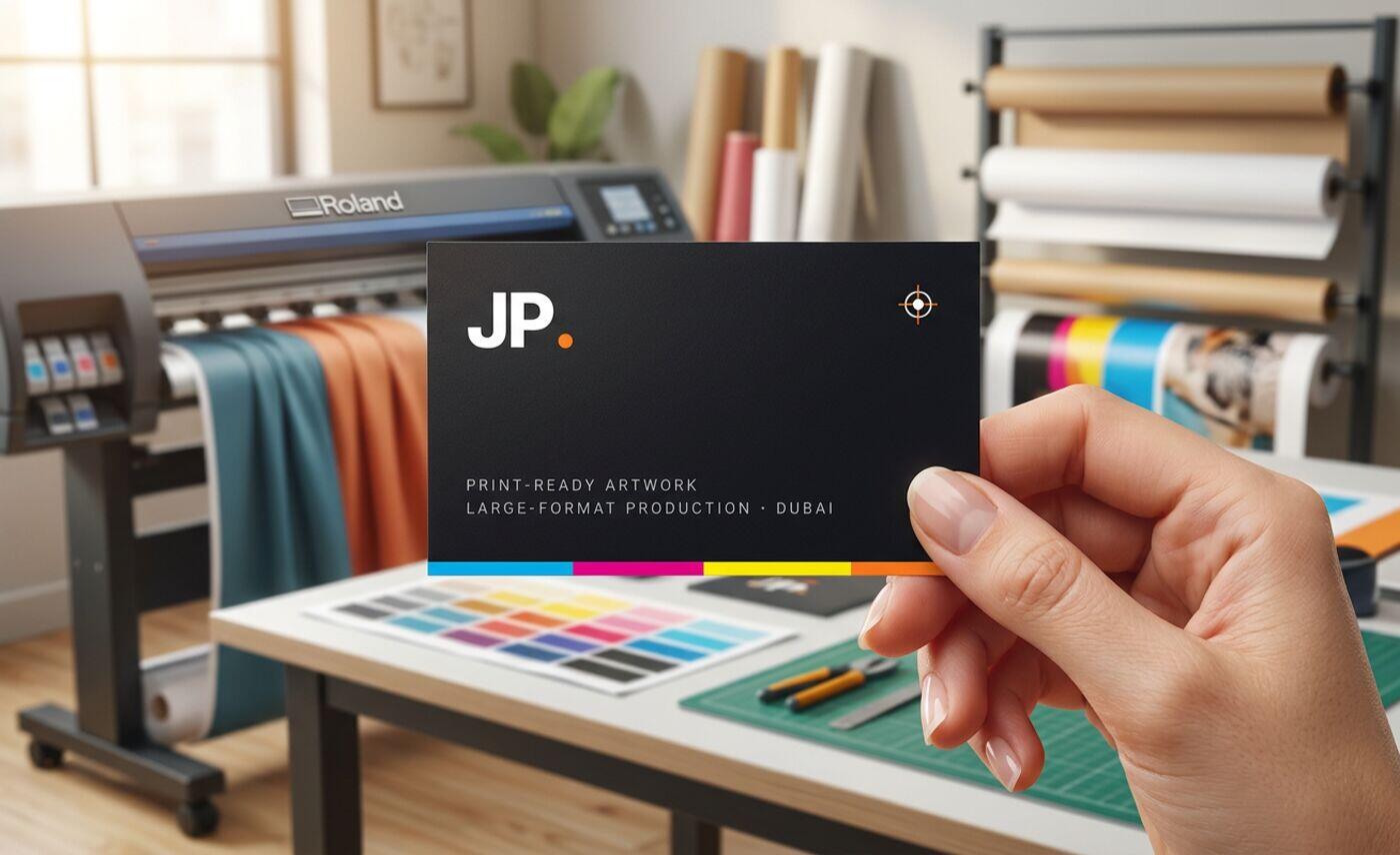 Jithin Prasannan JP business card mockup, held in hand in a print studio