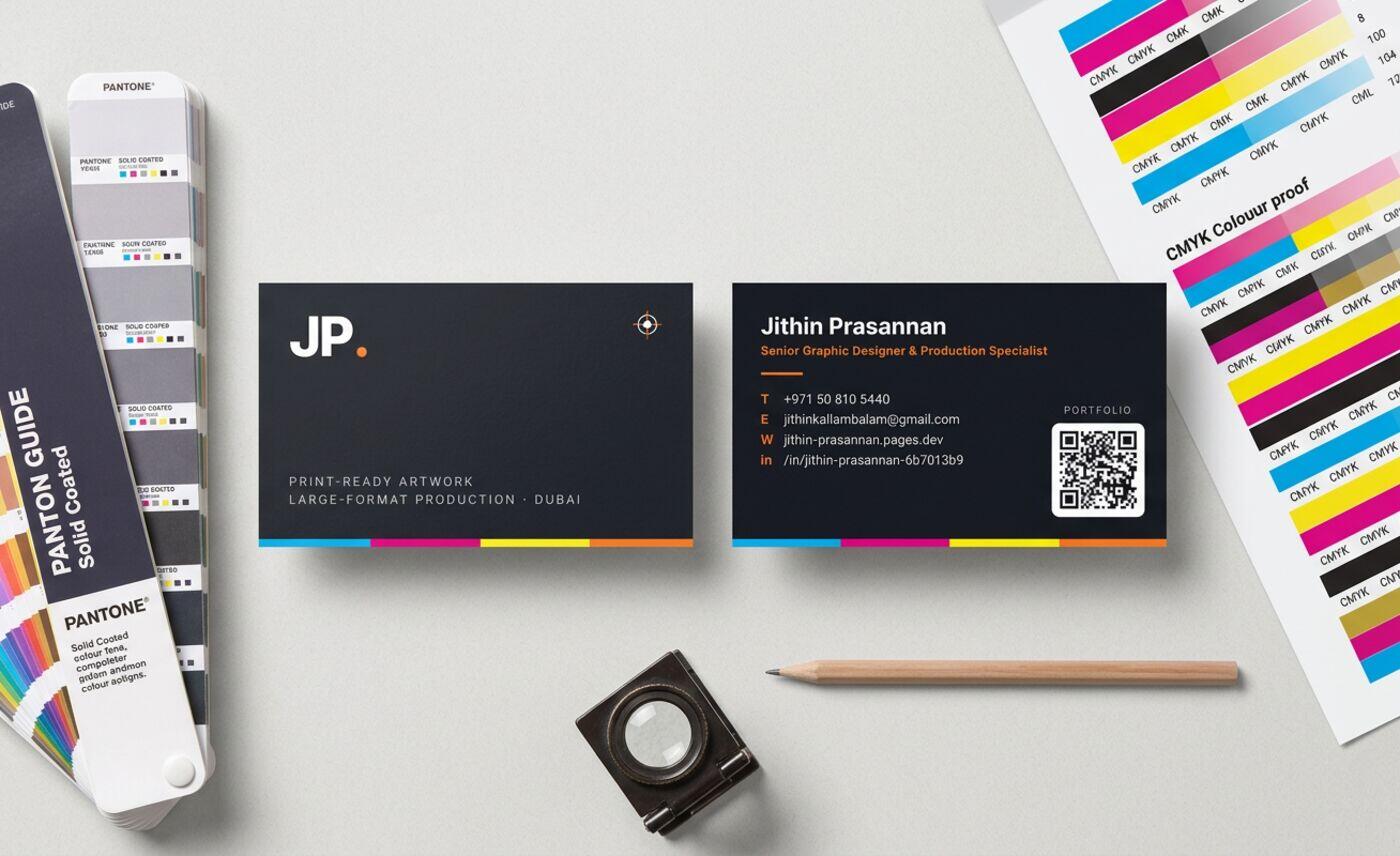 Jithin Prasannan JP business card mockup, front and back flat lay
