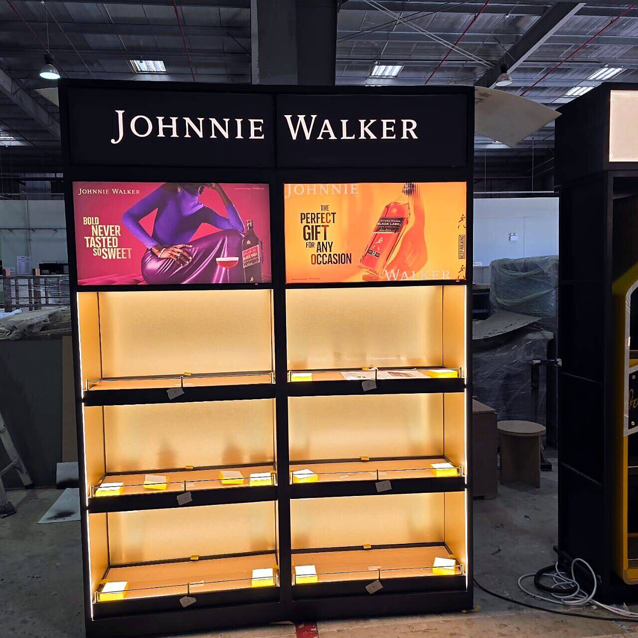 Johnnie Walker shelving unit in the workshop